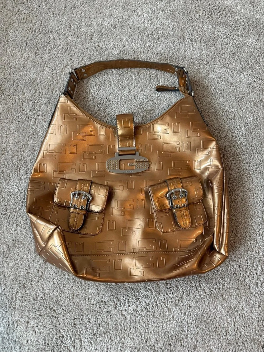 Metallic Copper Shoulder Bag with Buckle Accents